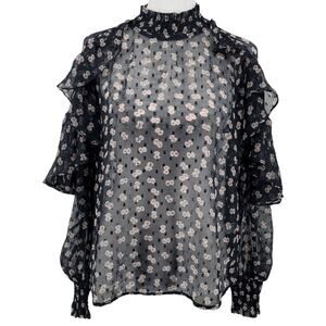 Anthropologie‎ Calligraphie Floral Sheer Ruffle Blouse Large Victorian Romantic